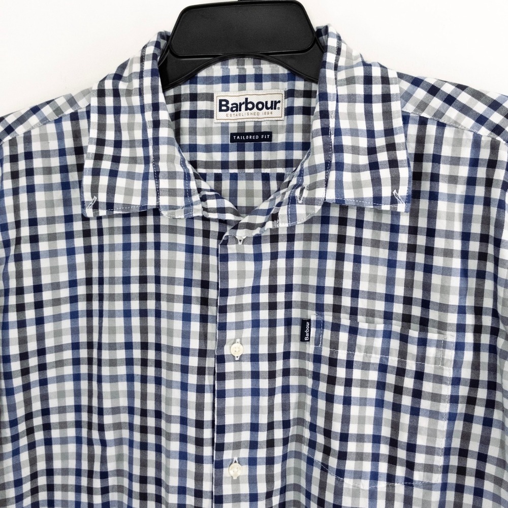 Barbour‎ Stapleton Tailored Fit Plaid Button Shirt Men's Large Blue Gray Cotton